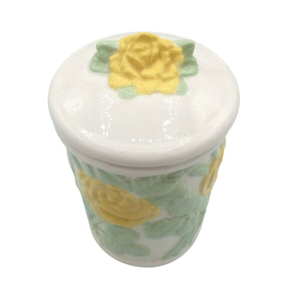 Canister Lid Ceramic Vintage Yellow Roses 5.25" Crazing Midcentury Floral Jar - Picture 3 of 16